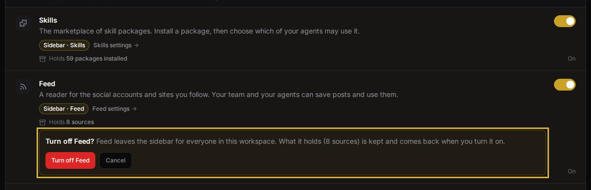 The Features page. The Feed row asks whether to turn Feed off for everyone in the workspace, with Turn off Feed and Cancel buttons